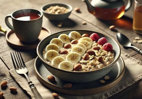 Café da manhã saudável com aveia, frutas e chá