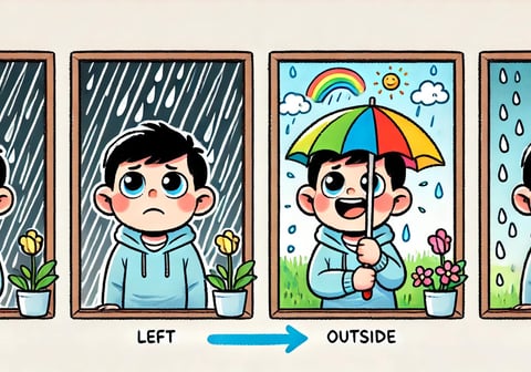 A child first frowns at the rain, then chooses to smile while holding an umbrella in the same setting.