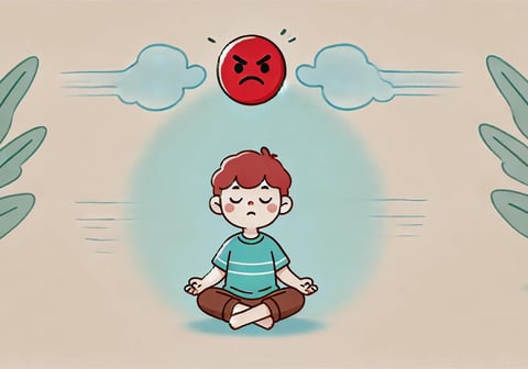 Child sits breathing calmly as a red angry emoji above fades into a peaceful blue face.
