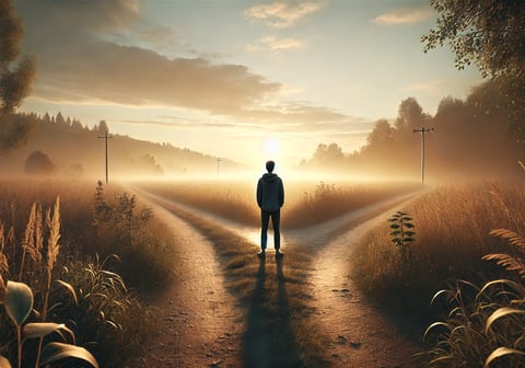 Contemplative person at a countryside crossroads during sunrise, symbolizing life choices and inner 