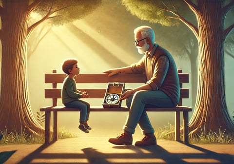 Parent and child talk on a park bench as sunlight filters through trees; child holds a wooden compass symbolizing guidance.