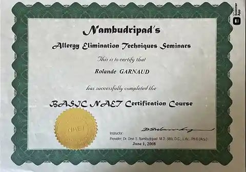 Certificat de formation NAET de Rolande Garnaud en techniques d'élimination des allergies