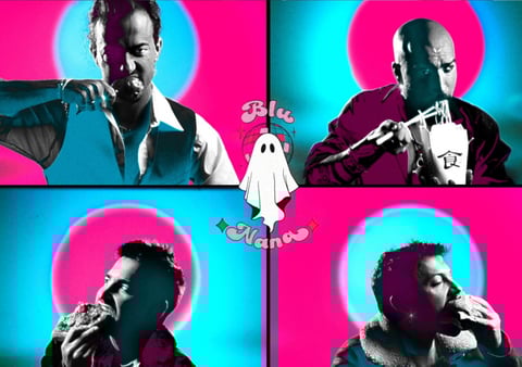 a man in a white shirt and a ghost ghost in a pink and blue background