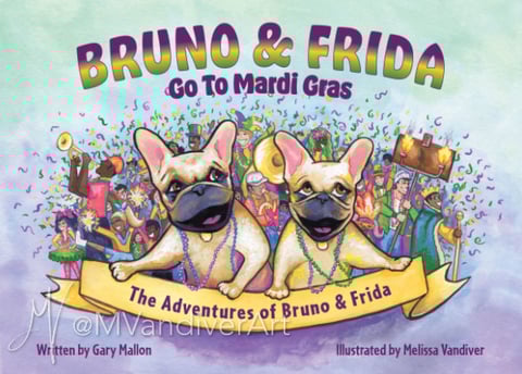 Illustrations from Bruno & Frida Go To Mardi Gras by New Orleans artist Melissa Vandiver.