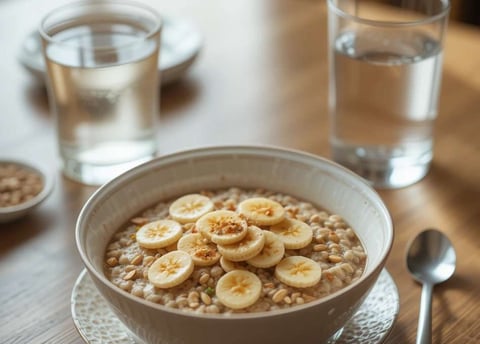 Tigela de mingau de aveia com banana fatiada e sementes por cima, em uma mesa de café da manhã aconchegante.