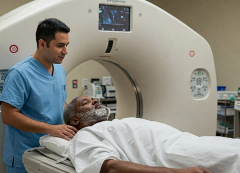 Homem realizando tomografia de abdome para avaliar neoplasias intestinais