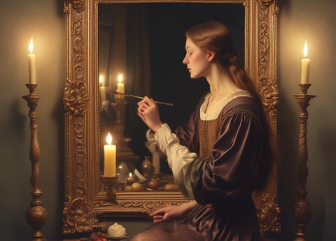 A storefront displays various framed artworks with vivid colors, and a white bicycle with a basket is parked in front. The text on the window is in a non-Latin script, and there are various artistic posters visible through the window. The setting conveys an artistic and quaint atmosphere typical of a small gallery or art shop.