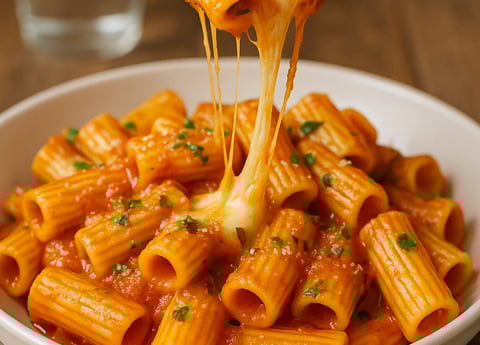 Rigatoni al sugo di pomodoro con formaggio filante, un primo piatto cremoso e saporito
