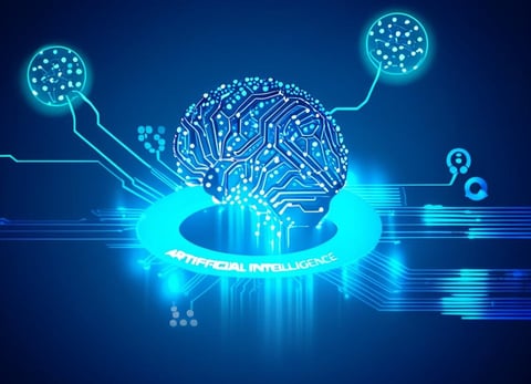 Es zeigt ein Gehirn und Gedankenverläufe, die schnell daten analysieren wie mit KI