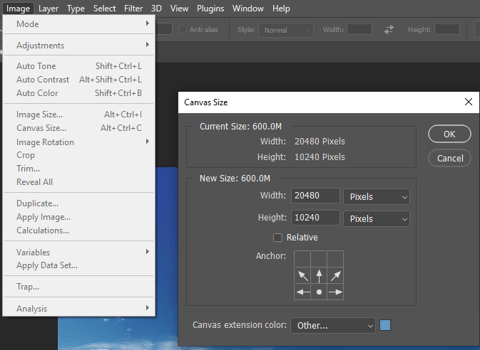 Configuring canvas size in photoshop