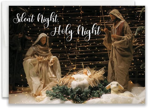 Nativity scene with fairy lights in background