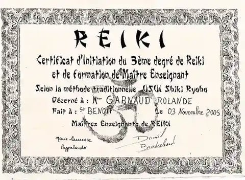 Diplôme de 3 ème degré de Reiki Usui de Rolande Garnaud