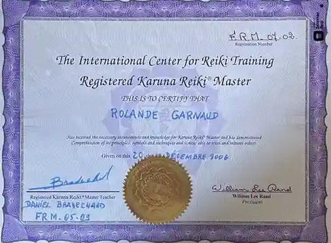 Diplôme de Master en Reiki Karuna de Rolande Garnaud