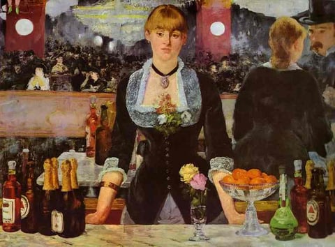 a painting of a bar counter with a woman in a bar