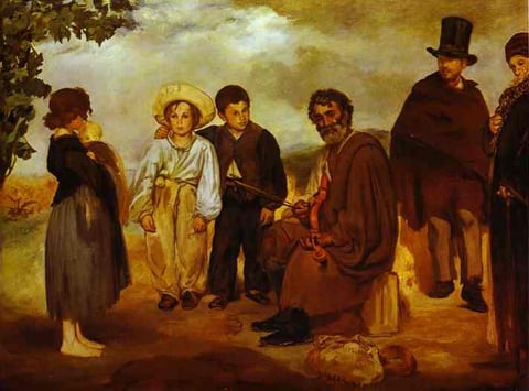 a painting of a group of people standing around a man