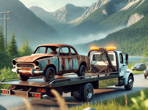 An image of a tow truck in Squamish hauling away an old junk car.