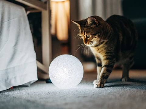 A cat batting at an illuminated ball on the floor.
