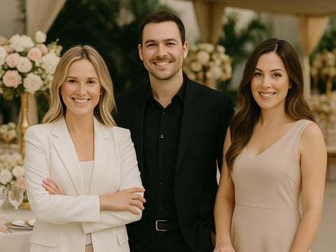 Professional event planning team supervising a luxury outdoor event setup with elegant table decor and floral arrangements by