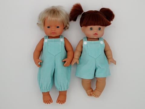 Miniland doll and Minikane doll dressed in handmade overalls
