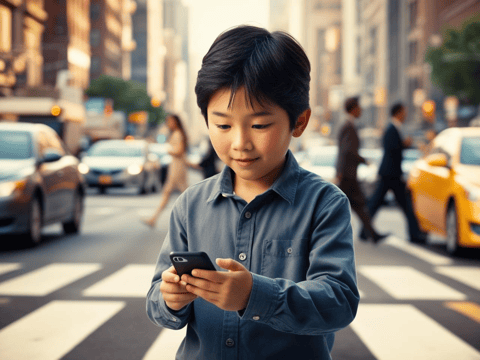 Child crossing street while distracted by cell phone