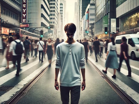 Person walking through a blurred, busy city street, standing out from the chaotic crowd with a focused and grounded presence.