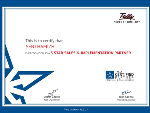 As a 3-Star Partner of Tally Solutions, Senthamizh (RS Computers) is recognized for our expertise in