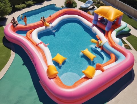 a pool with a water slider and a slider in the middle of the