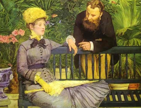 a painting of a man and woman sitting on a bench