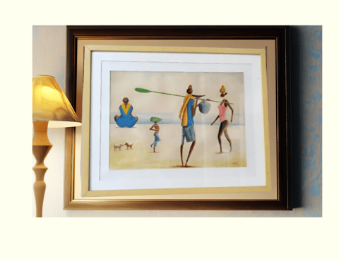 a painting of a man and a woman on a beach