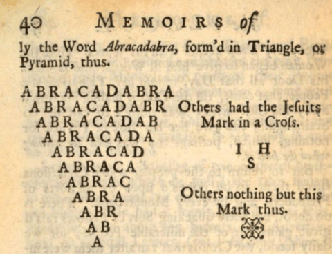 Depiction of a triangular ‘abracadabra’ in Defoe’s Journal of the Plague Year (1722)