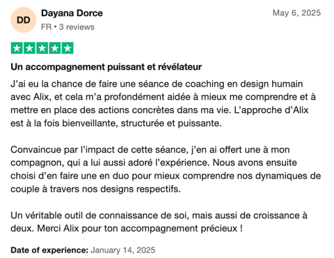 Avis 5 étoiles Trustpilot de Dayana sur le coaching par le design humain de Mujō