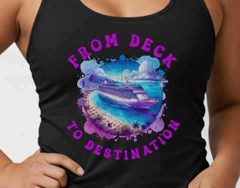 a woman in a tank top with a boat in the water