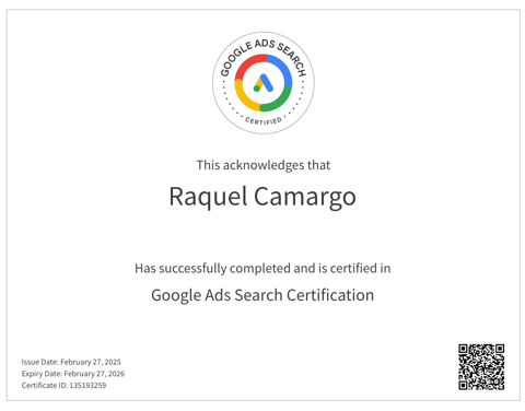 White picture with Google ads  bardge - aknowledges that raquel camargo is certified