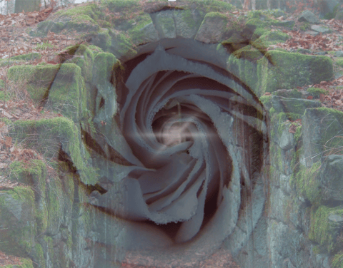 Rose spiral within mossy stone walls, symbolizing descent into mystery and the sacred writing space