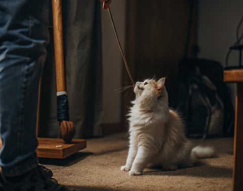 A blind cat engaging with a textured toy for stimulation