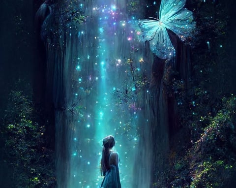 Une jeune femme sous une cascade de lumière verte avec un papillon