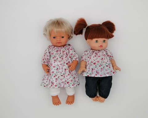 Miniland doll and Minikane doll dressed in handmade outfits