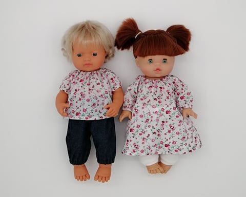 Miniland doll and Minikane doll dressed in handmade outfits