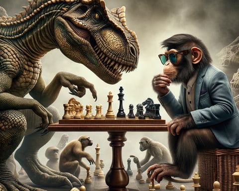 a monkey with a chess game in front of a dinosaur
