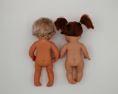 a back view of a Miniland doll next to a Minikane doll