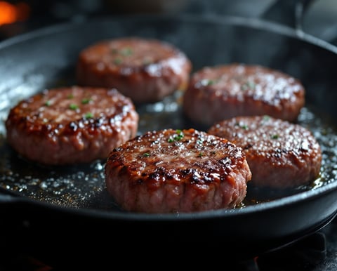 a pan of hamburger patties sizzling in a cast iron skillet