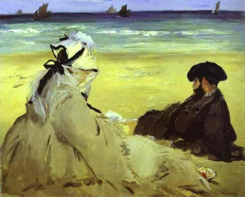 a painting of a woman sitting on a beach