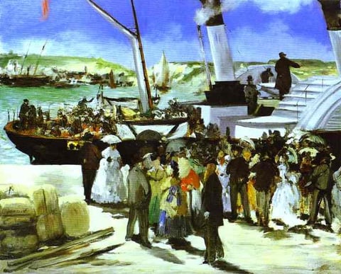 a painting of a large ship with a lot of people