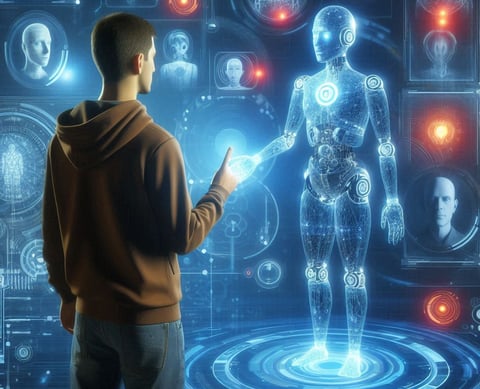 Pessoa interagindo com um avatar num ambiente virtual, mostrando um relacionamento com inteligência artificial.