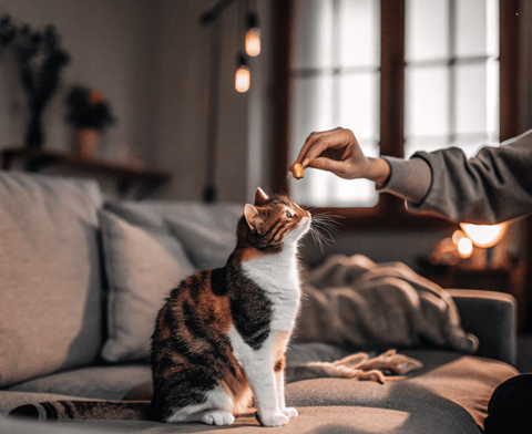 A cat receiving a treat from its owner after a successful grooming session.