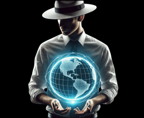 a man in a white hat and a hat holding a globe