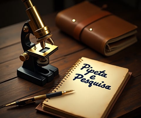 Microscópio dourado simbolo da pipeta e pesquisa, encima da mesa com uma caneta e um caderno