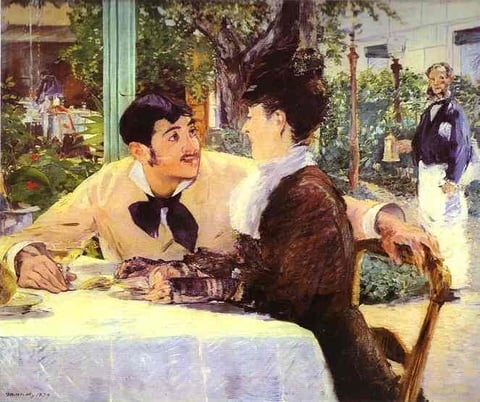 a painting of a man and woman sitting at a table