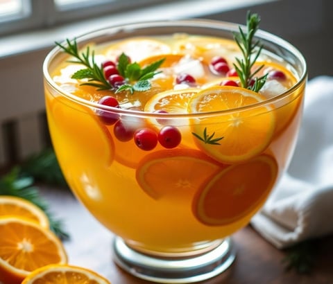 a glasbowls of orange juice with cranberries and rosemary