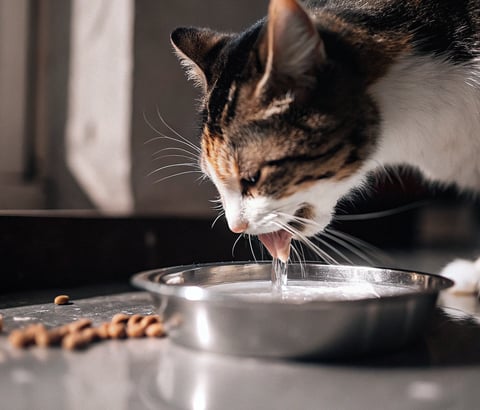 A cat drinking water frequently, a potential symptom of diabetes